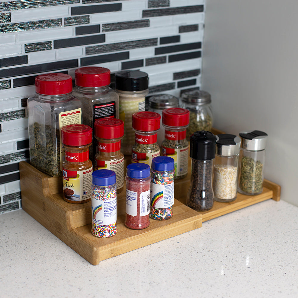 Home Basics Expandable 3 Tier Step Spice Rack Organizer, Natural, 8.25x8.75x3.25 Inches