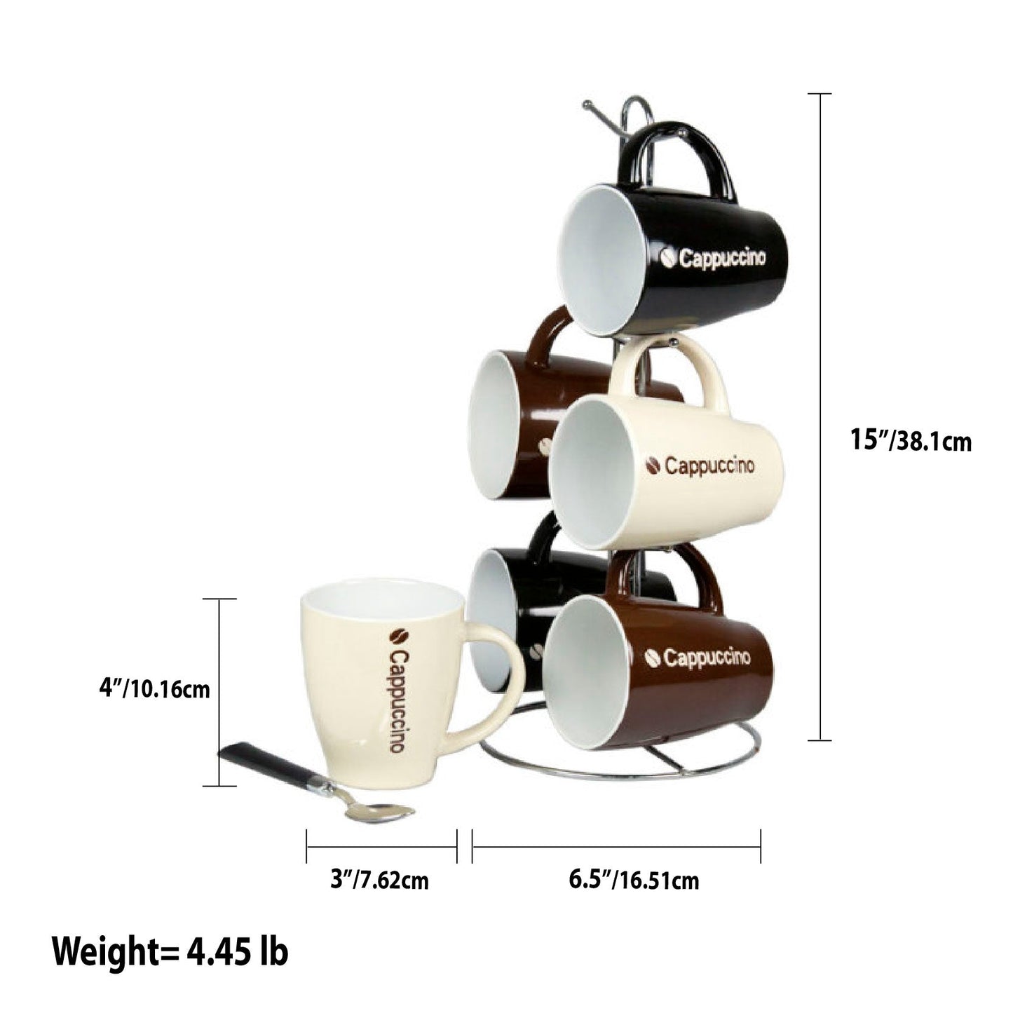 Home Basics 6-Piece Ceramic Mug Set With Stand, Cappuccino